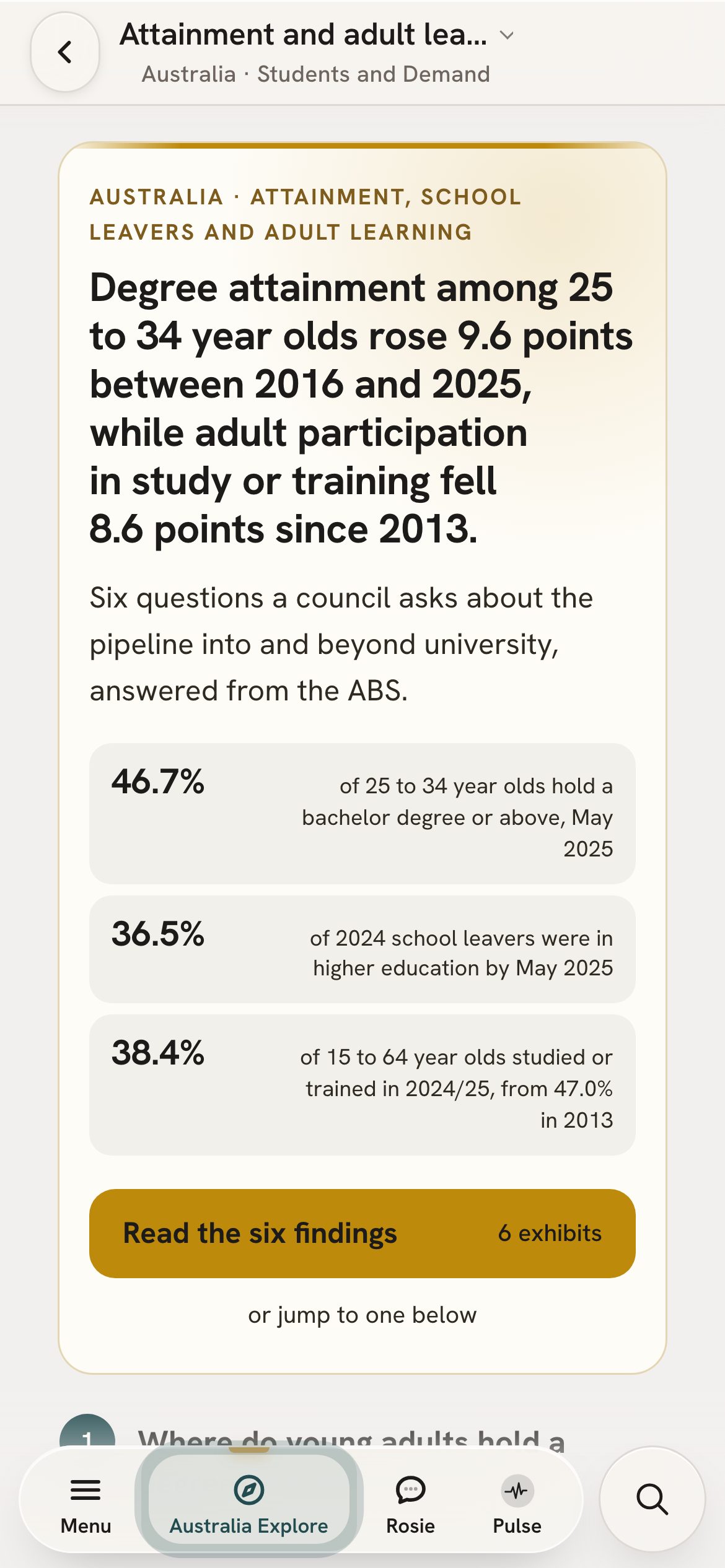 The attainment and adult learning page on a phone