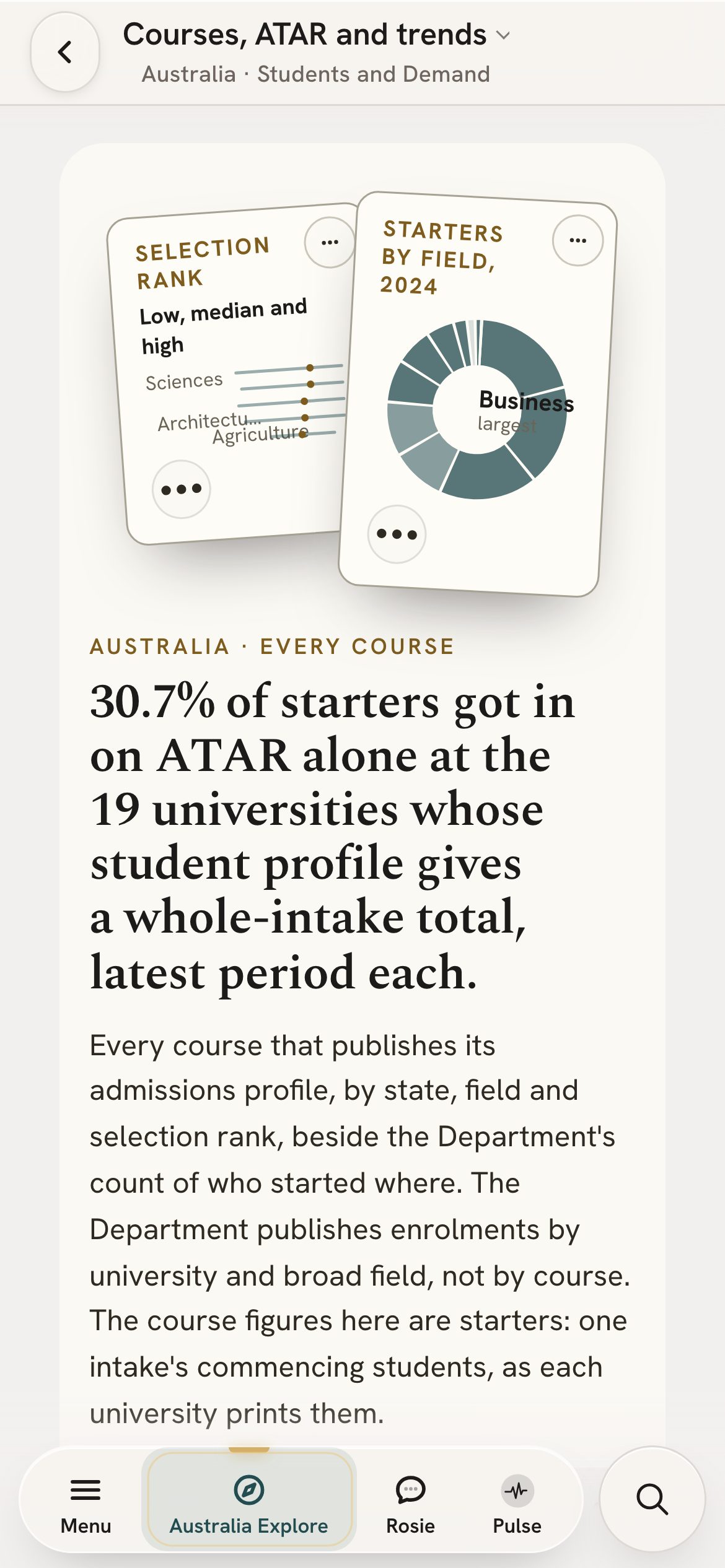 The courses and admissions page on a phone